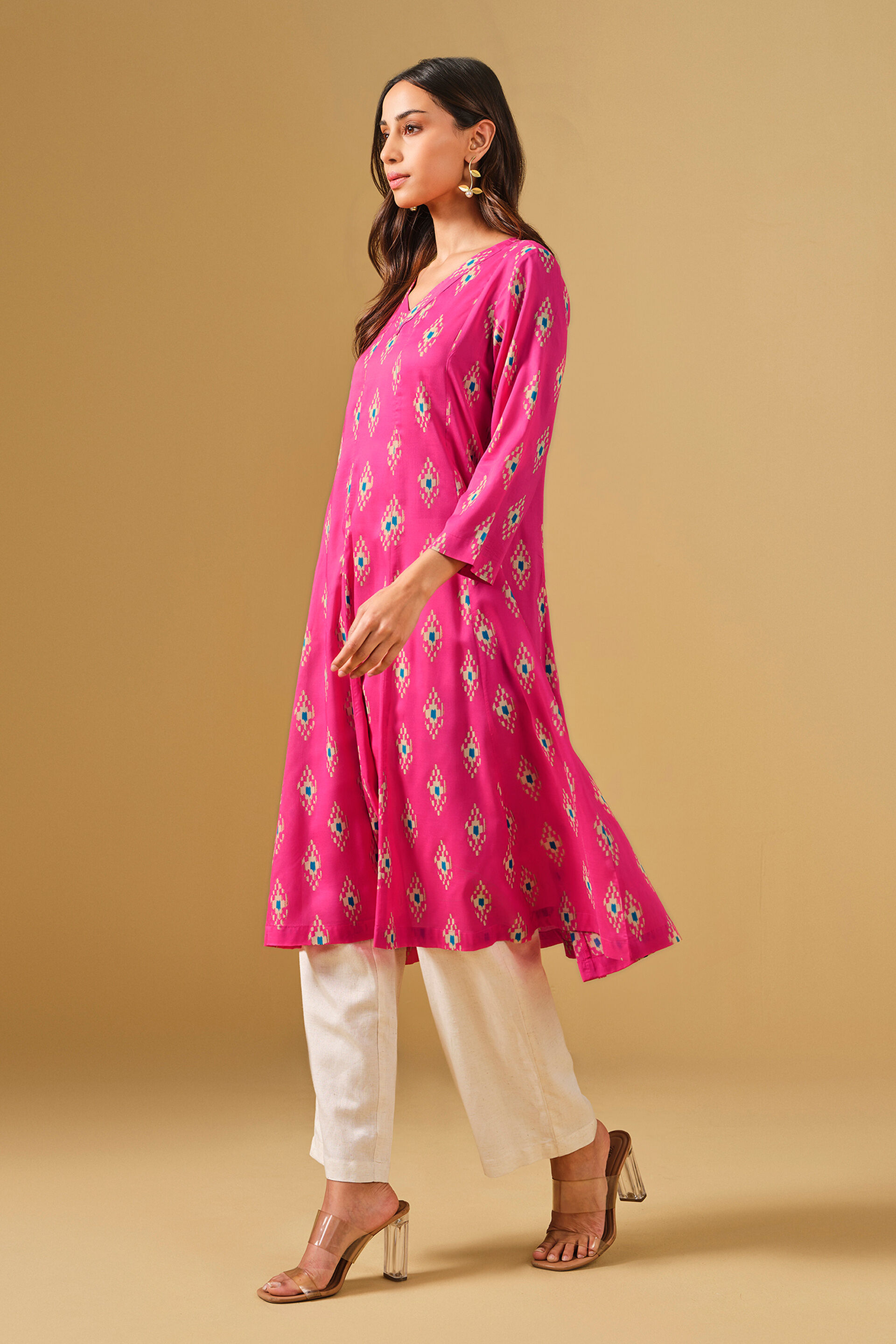 Ikat Inspired Pink Viscose Kurta, Pink, image 3